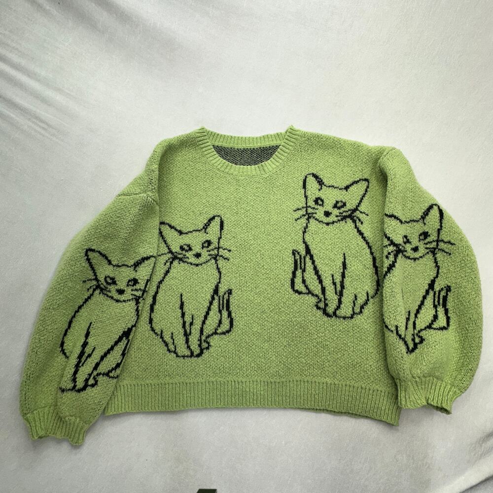 Quirky Cat Outline Knit Sweater Chartreuse Green Fits M